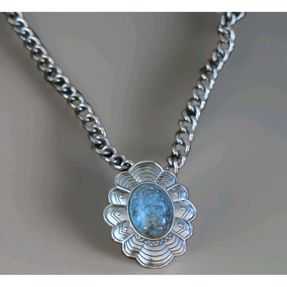 Vintage Southwestern Scalloped Turquoise Tone Pendant Curb Chain Necklace